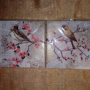 Wall Art Set of 2 Unframed CANVASES SPARROW perched ON PINK CHERRY BLOSSOM